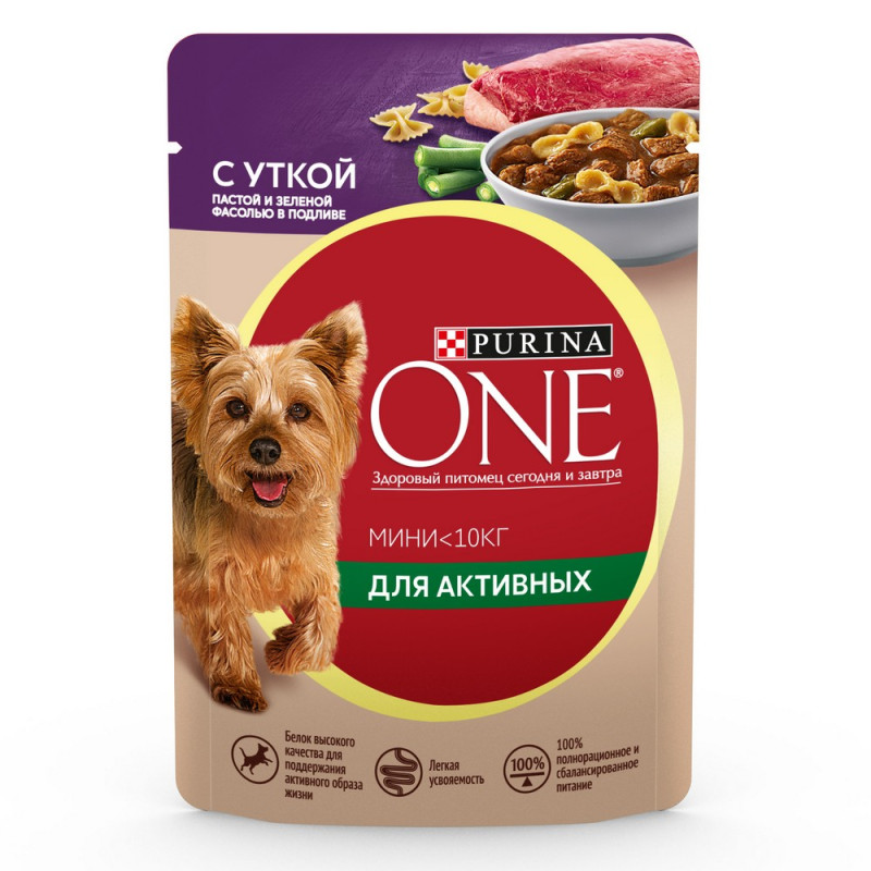 Purina ONE® Mini влажный корм для взрослых собак для мелких пород при активном образе жизни с уткой, пастой и зеленой фасолью, в подливе, 85 г