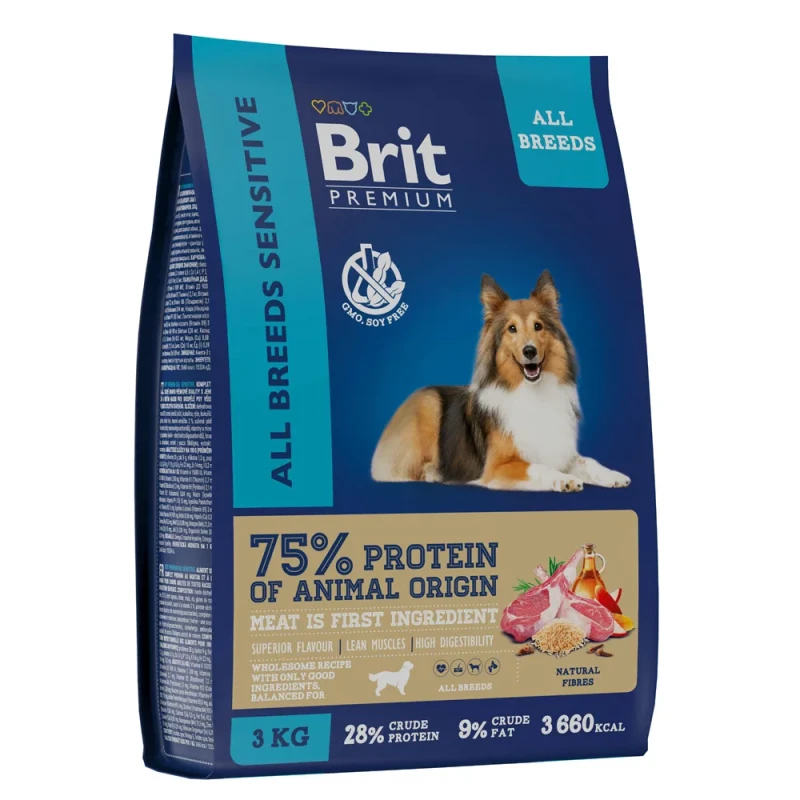 Brit Корм сухой для взрослых собак всех пород чувствительное пищеварение  сягненком и индейкой, 3 кг