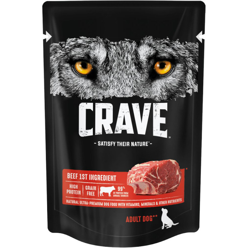 Crave Влажный корм (пауч) полнорационный для собак всех пород старше 1 года, с говядиной, 85 гр.