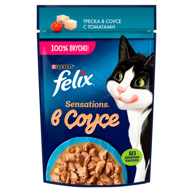 Felix Sensations Влажный корм (пауч) для взрослых кошек, треска в соусе с томатами, 75 гр.