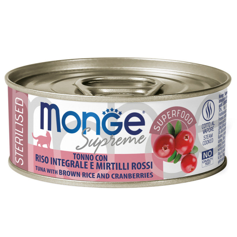 Monge Sterilized Влажный корм (консервы) для стерилизованных кошек, тунец, бурый рис и клюква, 80 гр.
