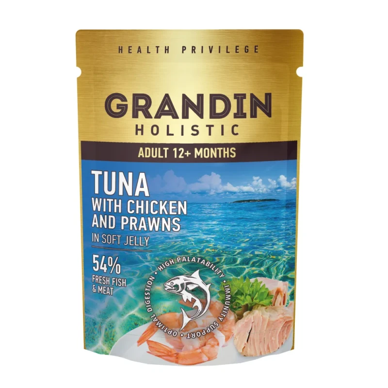 Grandin Влажный корм для взрослых кошек, тунец с курицей и креветками в нежном желе, 85 гр.
