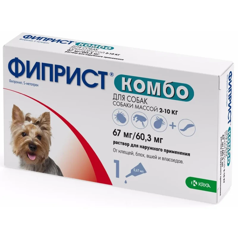 KRKA Фиприст Комбо капли на холку для собак весом от 2 до 10 кг от блох и клещей, 1 пипетка, 0,67 мл