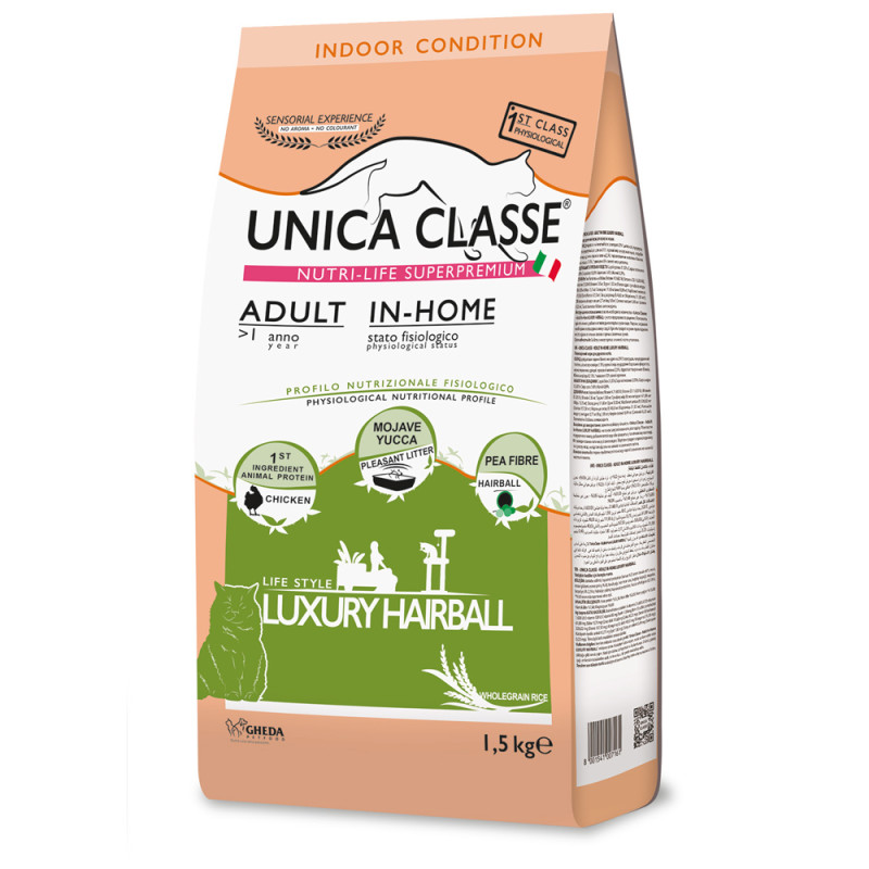 UNICA Adult In-home Luxury Hairball сухой корм для домашних кошек с курицей, 1,5 кг