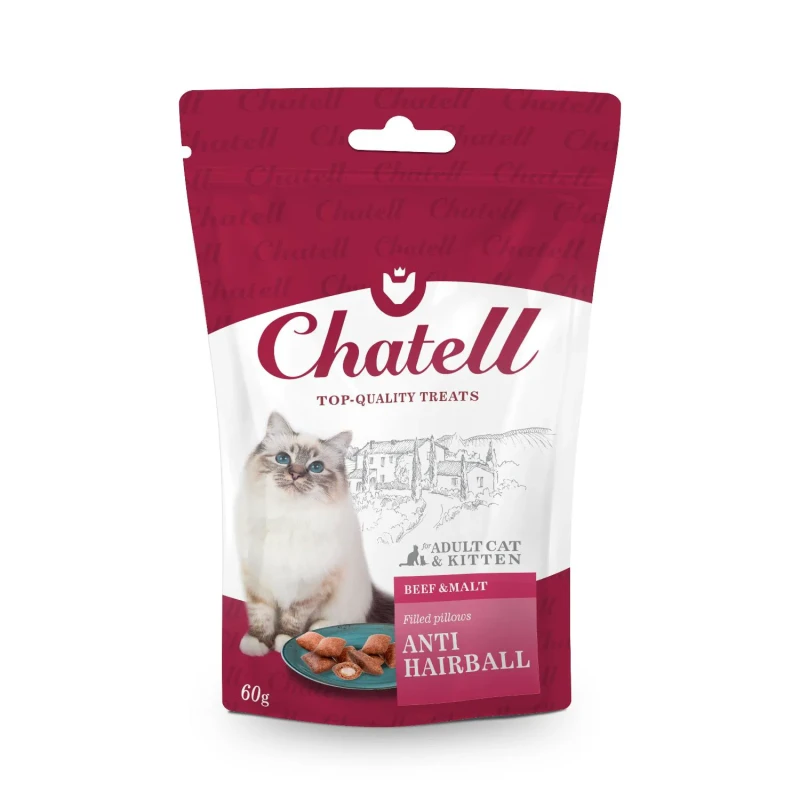 Chatell Лакомство для кошек подушечки с говядиной и солодом, для выведения шерсти, 60г