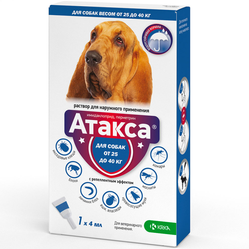 KRKA Атакса Капли на холку для собак весом от 25 до 40 кг от блох и клещей, 1 пипетка, 4 мл