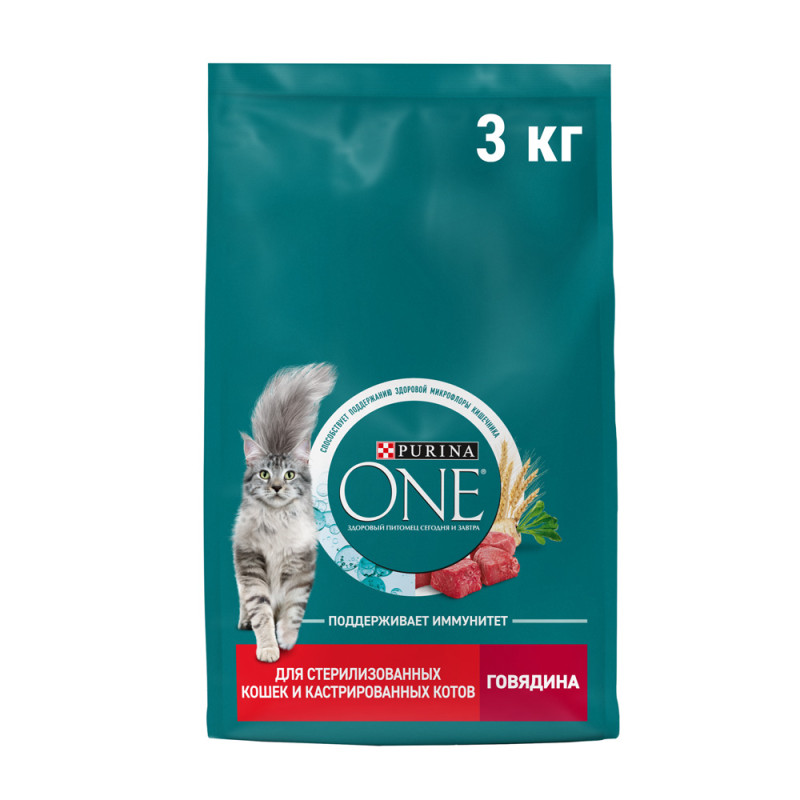 Purina ONE® Sterilised Сухой корм для взрослых стерилизованных кошек и кастрированных котов, с говядиной и пшеницей, 3 кг