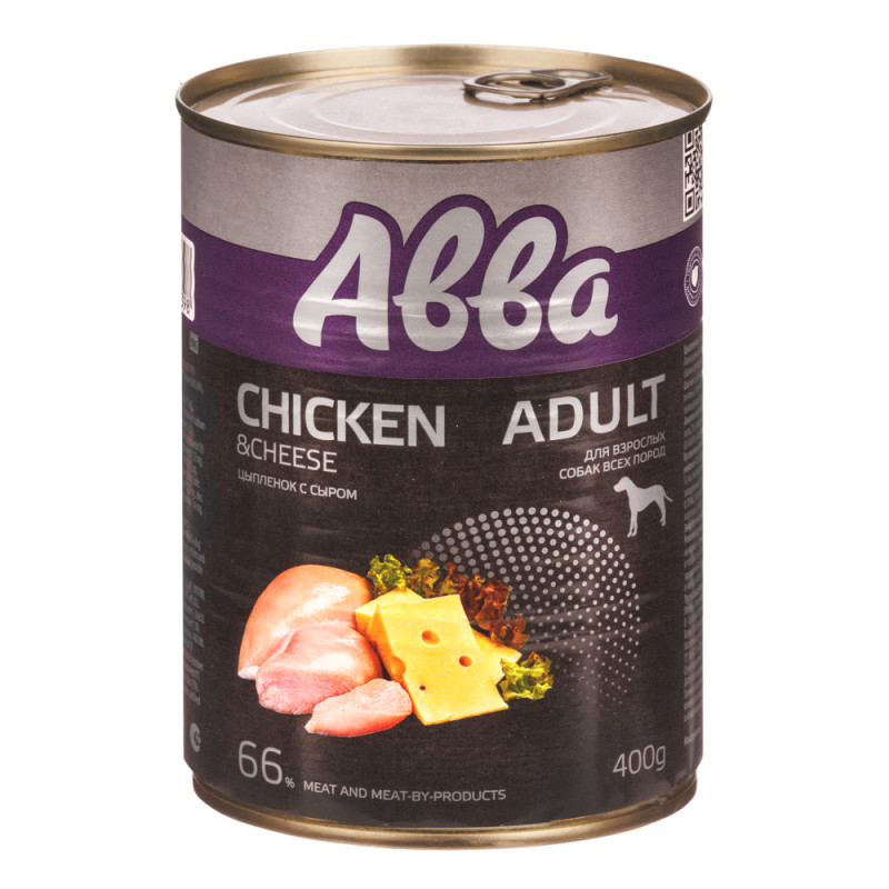 Aвва Adult Консервы для взрослых собак всех пород, цыпленок с сыром, 400 гр.