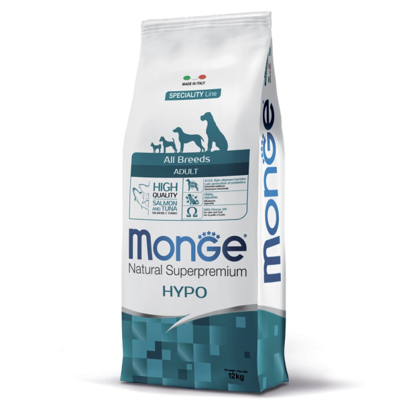 Monge All Breeds Hypoallergenic корм для взрослых собак, склонных к аллергическим реакциям и расстройствам пищеварения, с лососем и тунцом, 12 кг