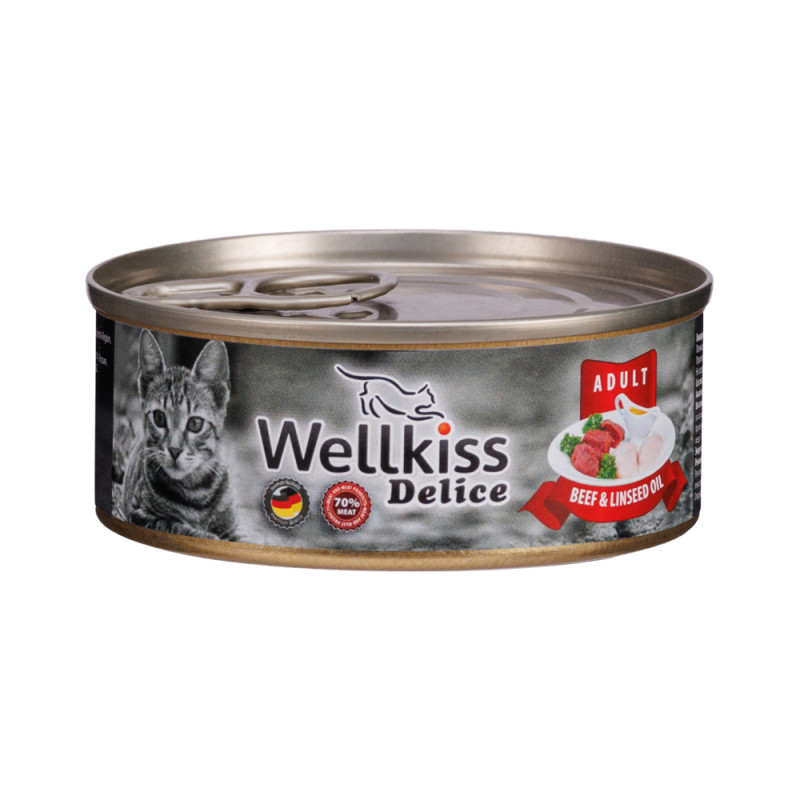 Wellkiss Delice Влажный корм (консервы) для кошек, говядина с льняным маслом, 100 гр.