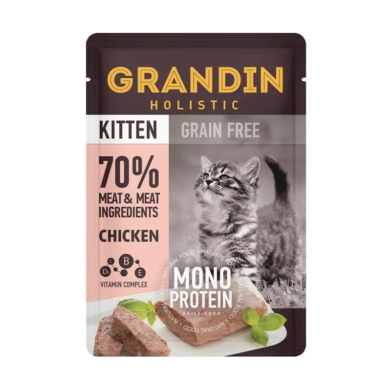 Grandin Kitten Grain free Monoprotein Влажный корм (пауч) для котят, патэ из нежного мяса курицы в желе, 85 гр.