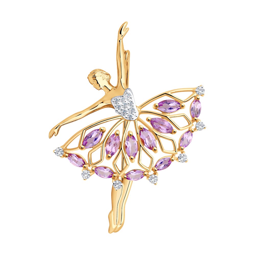 Брошь SOKOLOV из золота с аметистами и фианитами