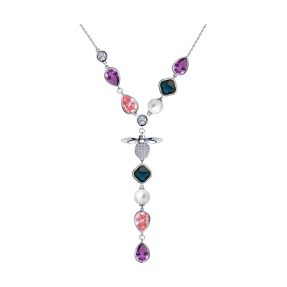 Колье SOKOLOV из серебра с жемчугом Swarovski, сиреневыми ситаллами, синими стеклянными вставками и фианитами
