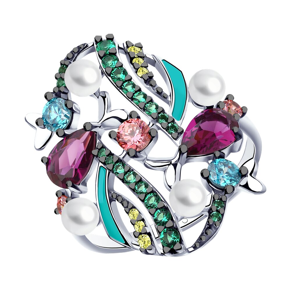 Кольцо SOKOLOV из серебра с эмалью и жемчугом и фианитами