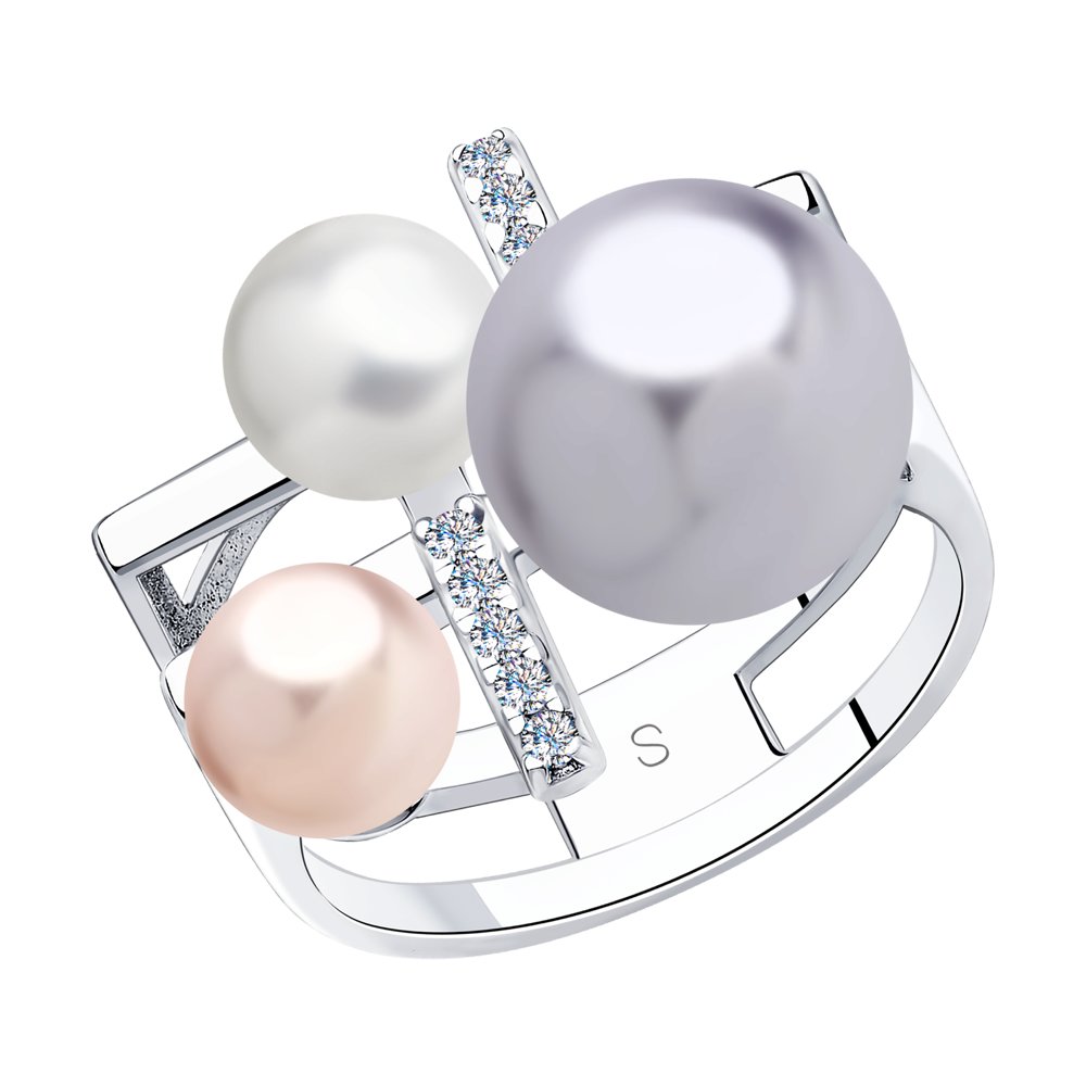 Кольцо SOKOLOV из серебра с белым, розовым и сиреневым жемчугом Swarovski и фианитами