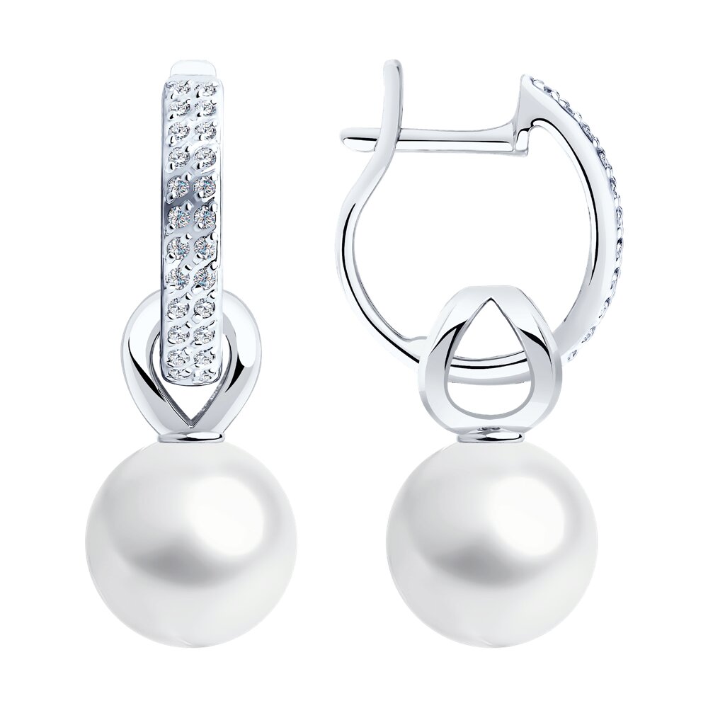 Серьги SOKOLOV из белого золота с жемчугом и фианитами Swarovski