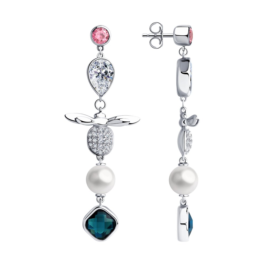 Серьги SOKOLOV из серебра с жемчугом Swarovski, синими стеклянными вставками и фианитами