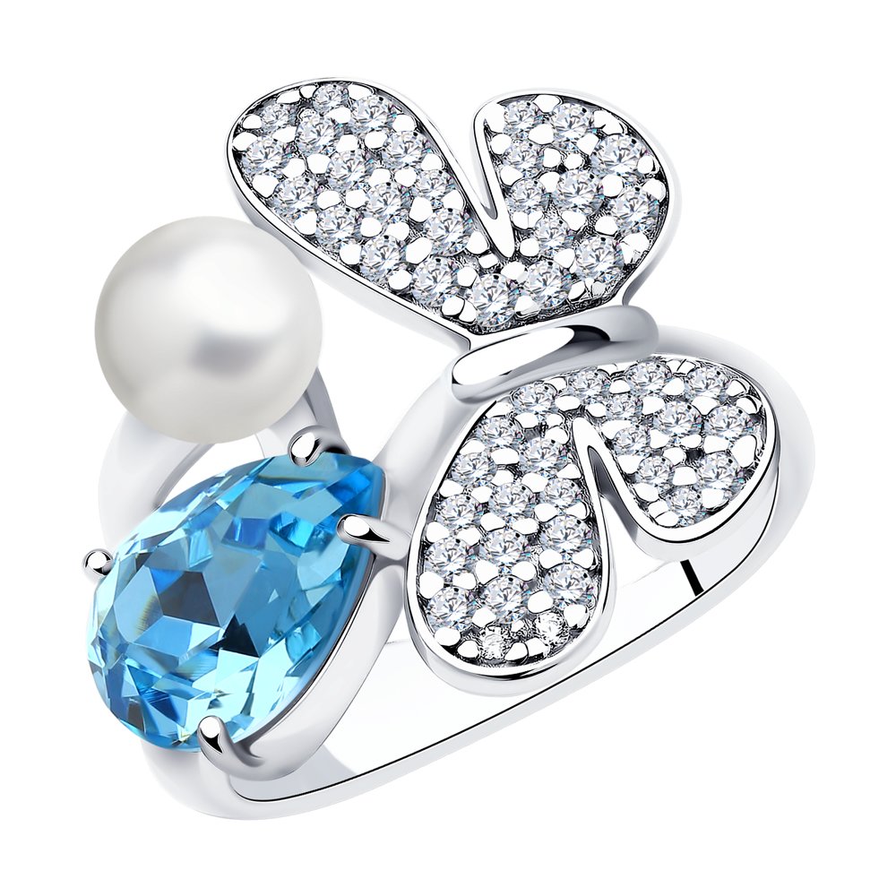 Кольцо SOKOLOV из серебра с жемчугом Swarovski, кристаллом Swarovski и фианитами